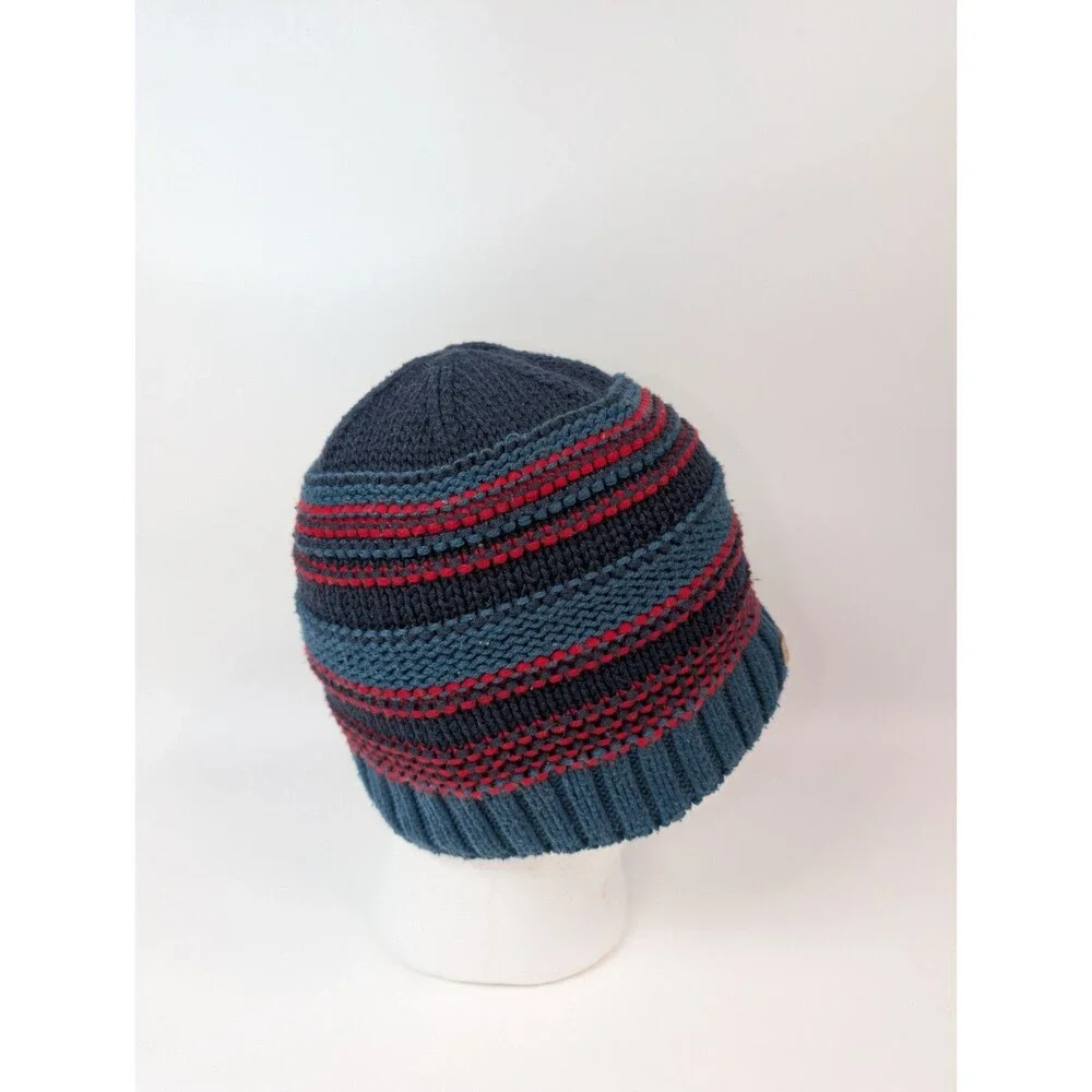 Columbia Knit Beanie Hat Blue Red Striped Fleece Lined Unisex Winter Cap